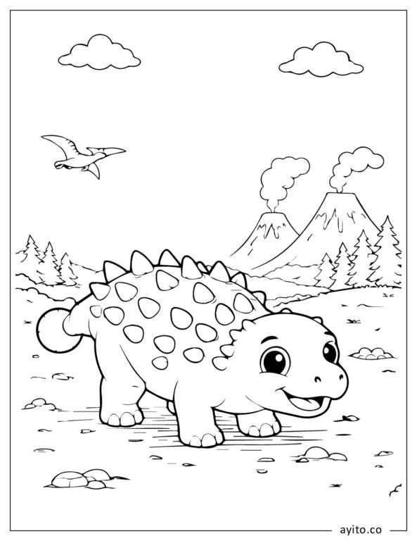 Cute Ankylosaurus Dinosaur In Prehistoric Landscape Coloring Page For Kids