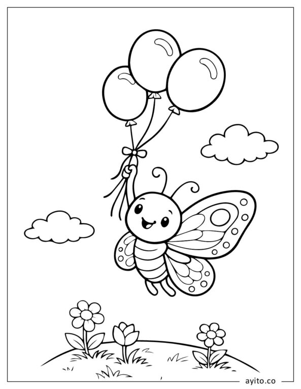 Cute-Flying-Butterfly-Holding-Balloons-Coloring-Sheet