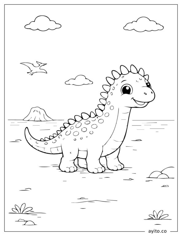 Cute Long Neck Dinosaur In Prehistoric Landscape Coloring Page For Kids