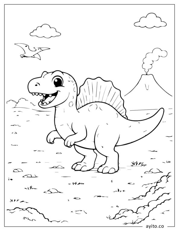 Cute Spinosaurus Dinosaur In Prehistoric Landscape Coloring Page For Kids