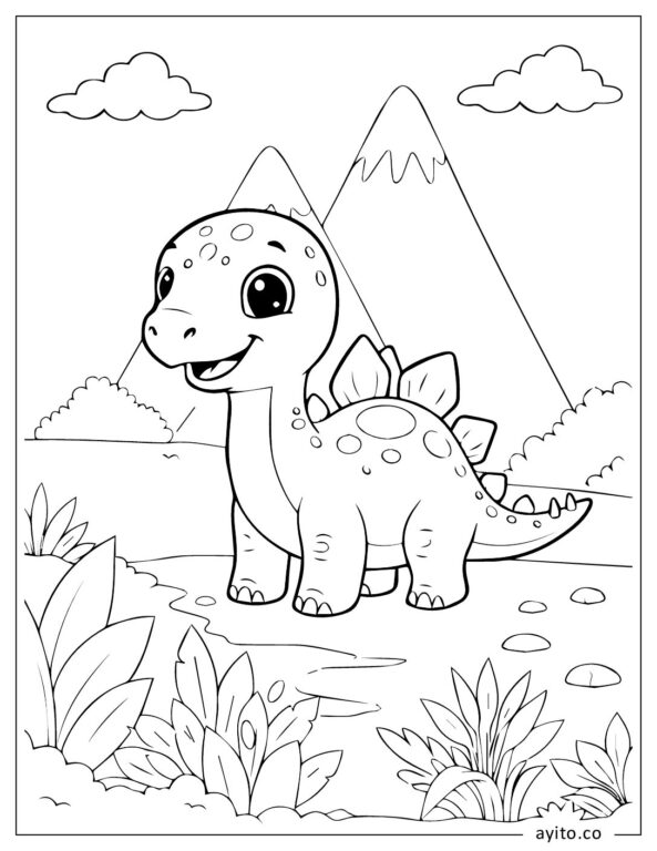 Cute Stegosaurus Dinosaur In Mountain Landscape Coloring Page For Kids