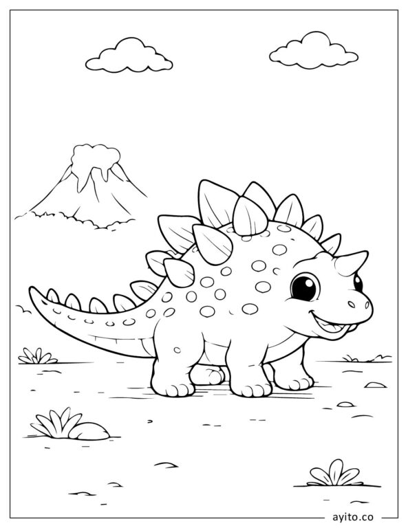 Cute Stegosaurus Dinosaur In Prehistoric Landscape Coloring Page For Kids