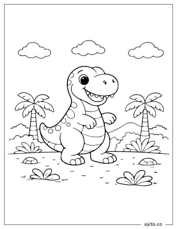 Cute T-Rex Dinosaur In Tropical Landscape Coloring Page For Kids
