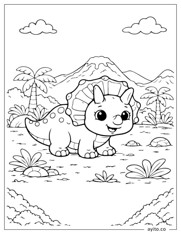 Cute Triceratops Dinosaur With Volcano In The Background Coloring Page For Kids