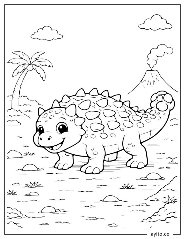 Happy Ankylosaurus Dinosaur With Volcano In The Background Coloring Page For Kids
