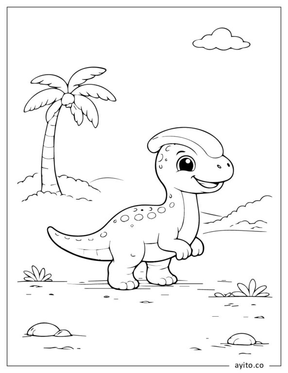 Happy Parasaurolophus Dinosaur In Nature Coloring Page For Kids