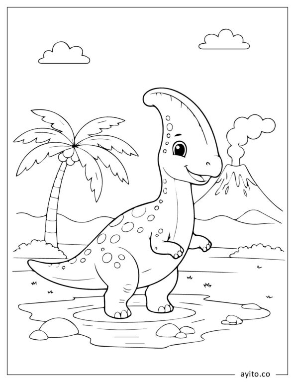 Happy Parasaurolophus Dinosaur With Volcano Coloring Page For Kids