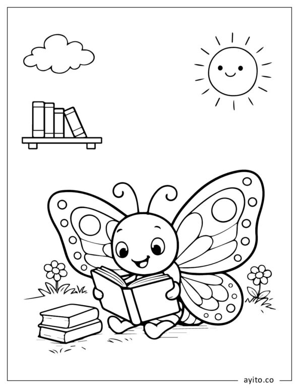 Smart-Butterfly-Reading-Outdoors-Coloring-Page