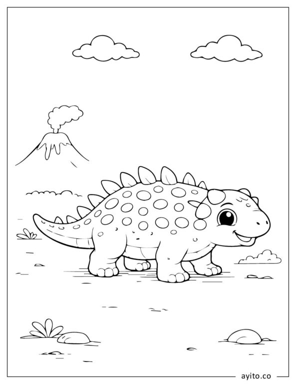 Smiling Ankylosaurus Dinosaur Near Active Volcano Coloring Sheet For Kids