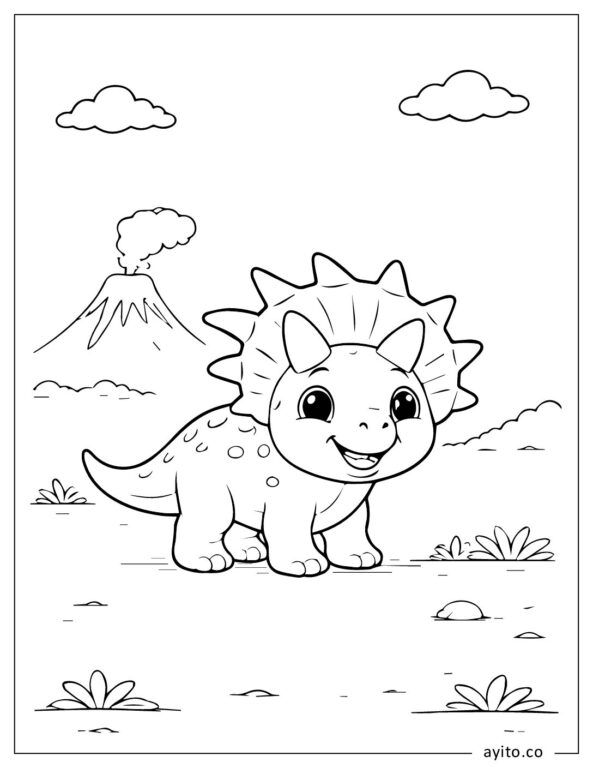 Smiling Triceratops Dinosaur With Volcano In The Background Coloring Page For Kids