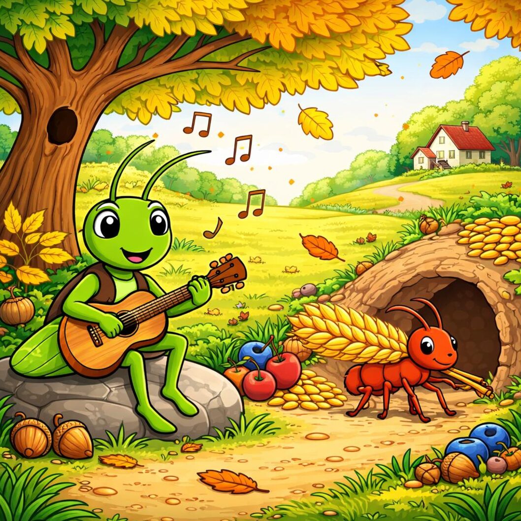 The Grasshopper and The Ant story illustration